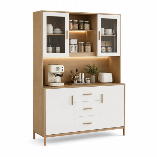 Buffet de cuisine en bois avec portes vitrées blanc et chêne 120x40x200 cm