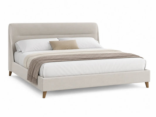 Lit double en tissu polyester beige avec pieds en bois