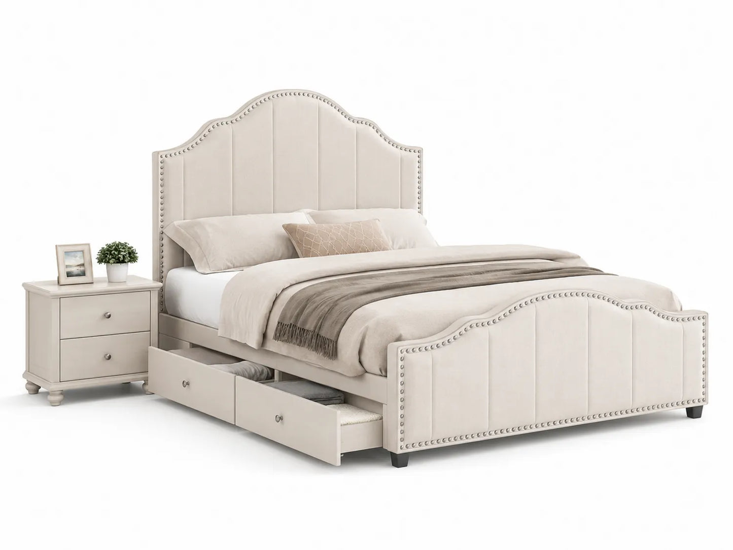 Lit en tissu beige avec chevet inclus
