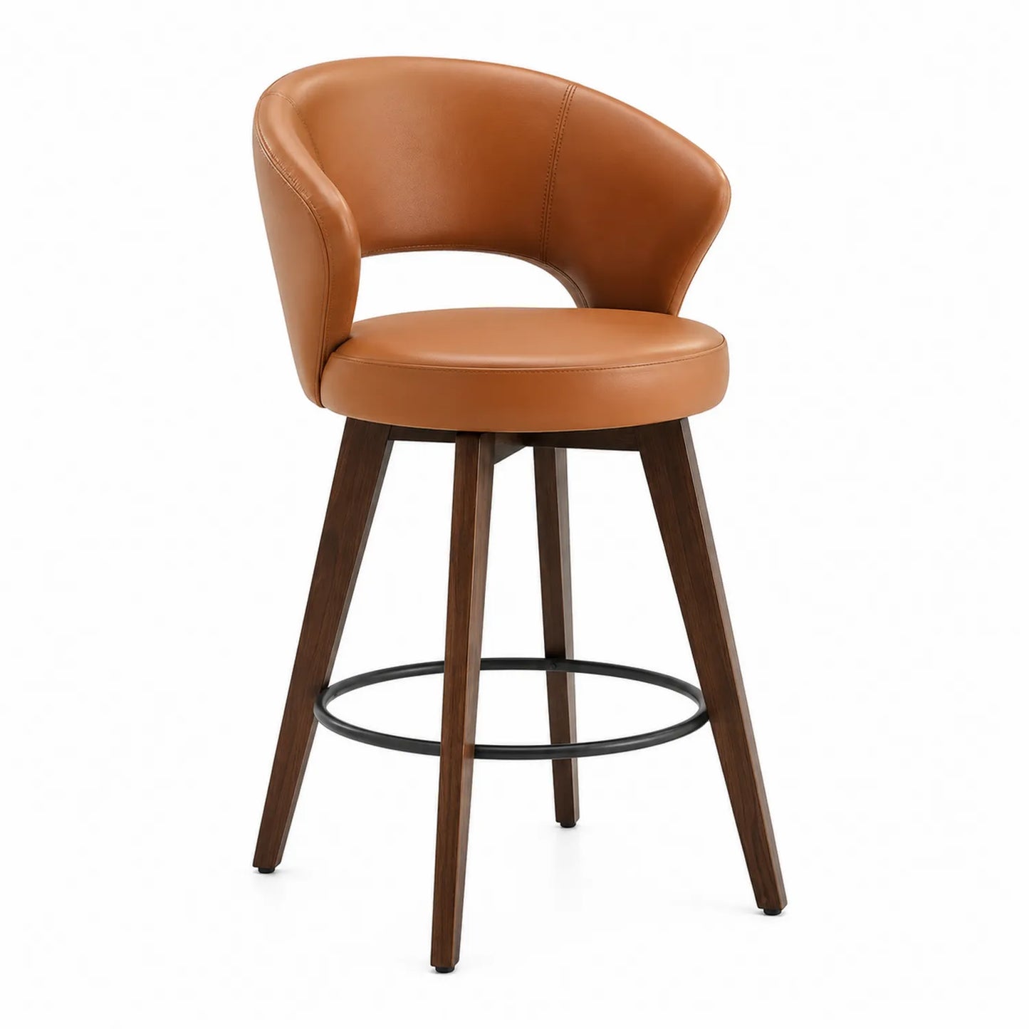 Tabouret de bar pivotant en cuir synthétique marron avec pieds en bois et repose-pieds en métal