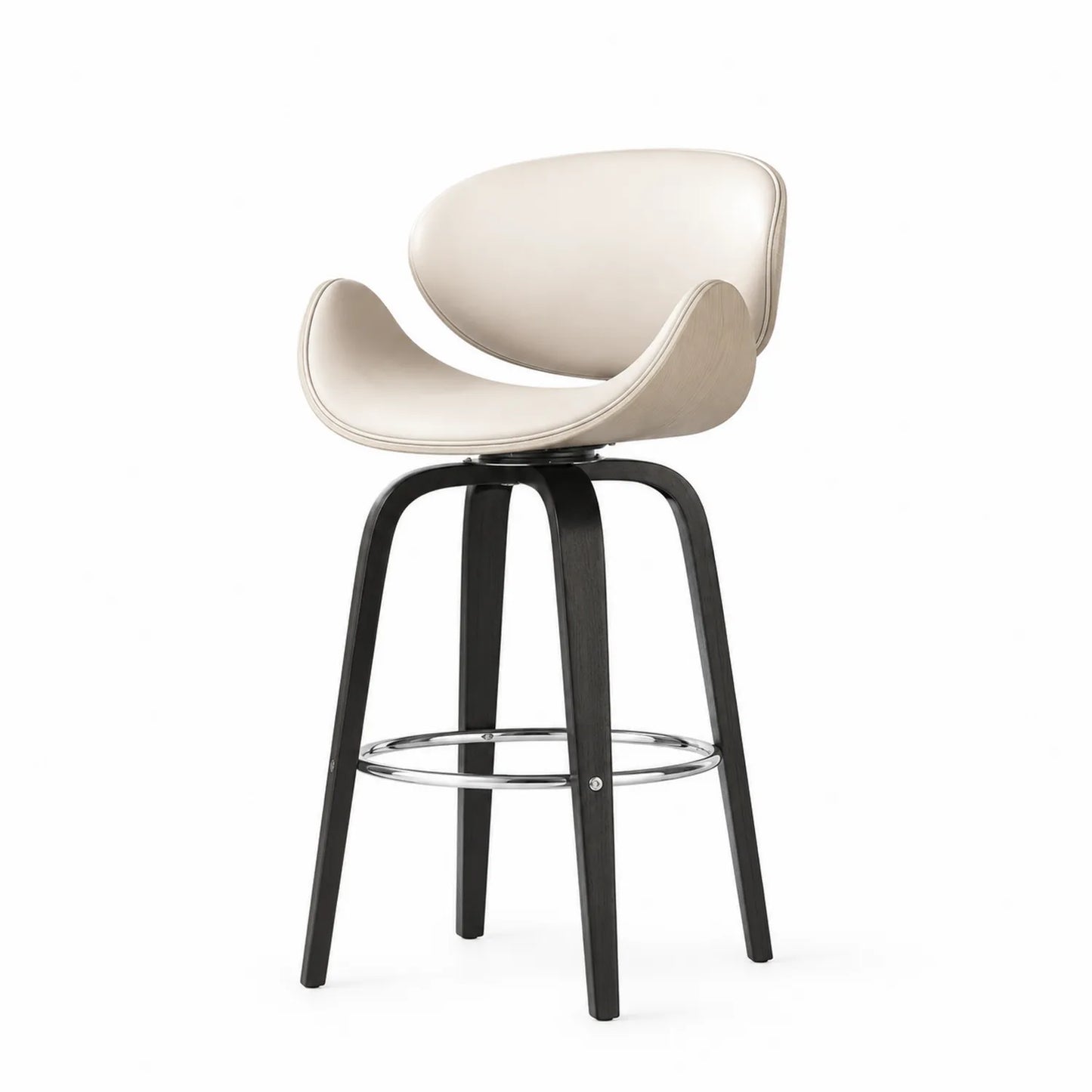 Tabouret de bar en cuir synthétique crème avec pieds en bois noir