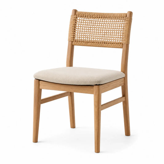 Chaise en chêne avec dossier en rotin et assise rembourrée beige