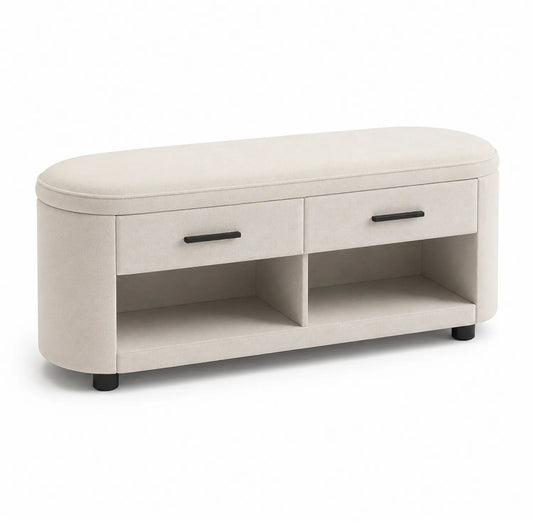 Banc ovale avec rangement en tissu beige 120x40x45cm