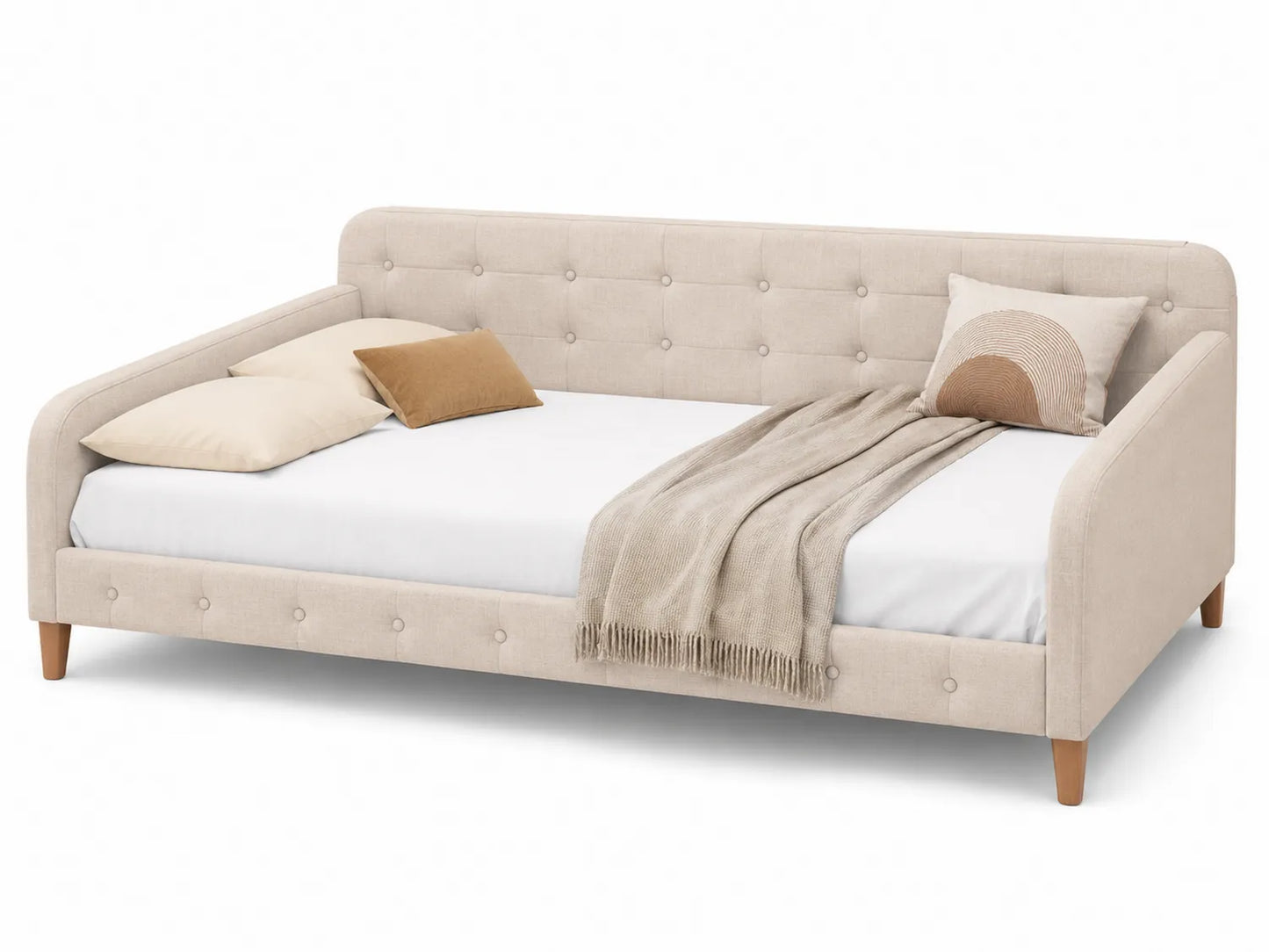 Lit banquette en tissu lin beige avec pieds en bois
