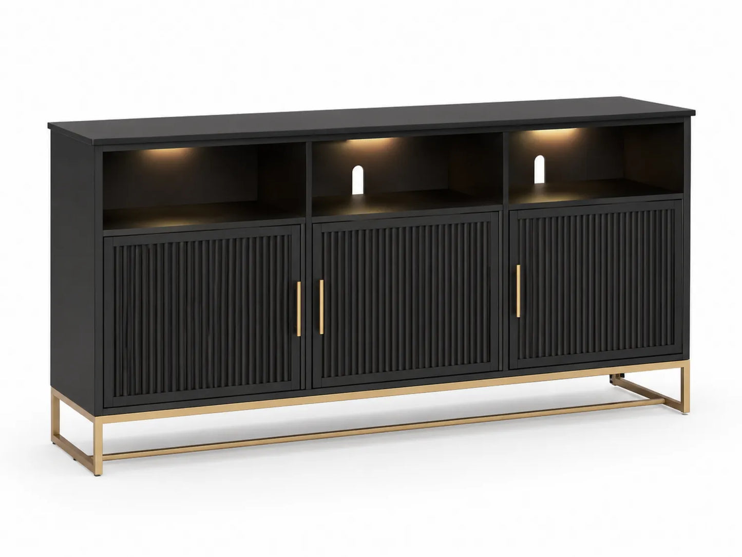 Console en bois noir avec éclairage et pieds en métal doré à 3 portes