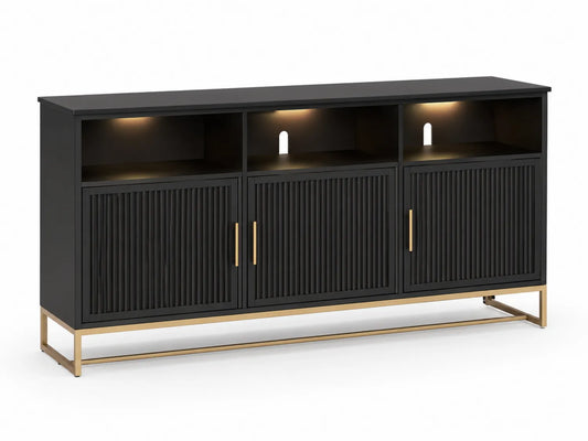 Console en bois noir avec éclairage et pieds en métal doré à 3 portes