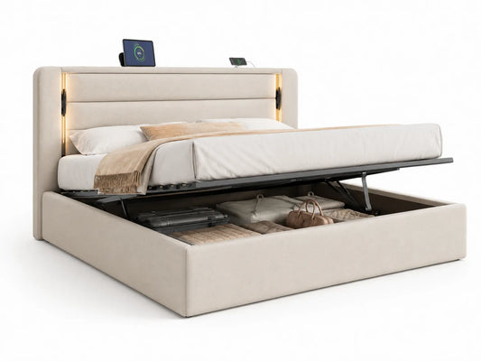 Lit double en tissu avec rangement intégré 200x160 cm