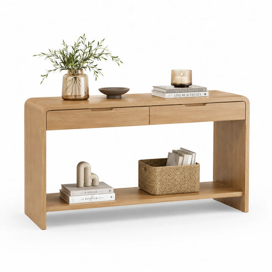 Console en Bois avec 2 Tiroirs et Étagère 110cm