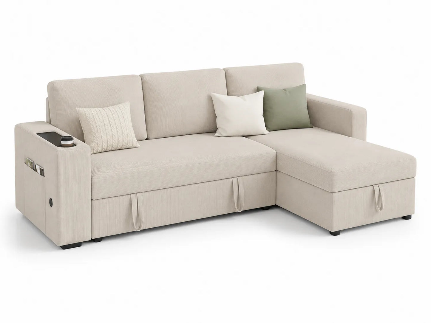 Canapé d'angle en tissu polyester beige avec méridienne et rangement