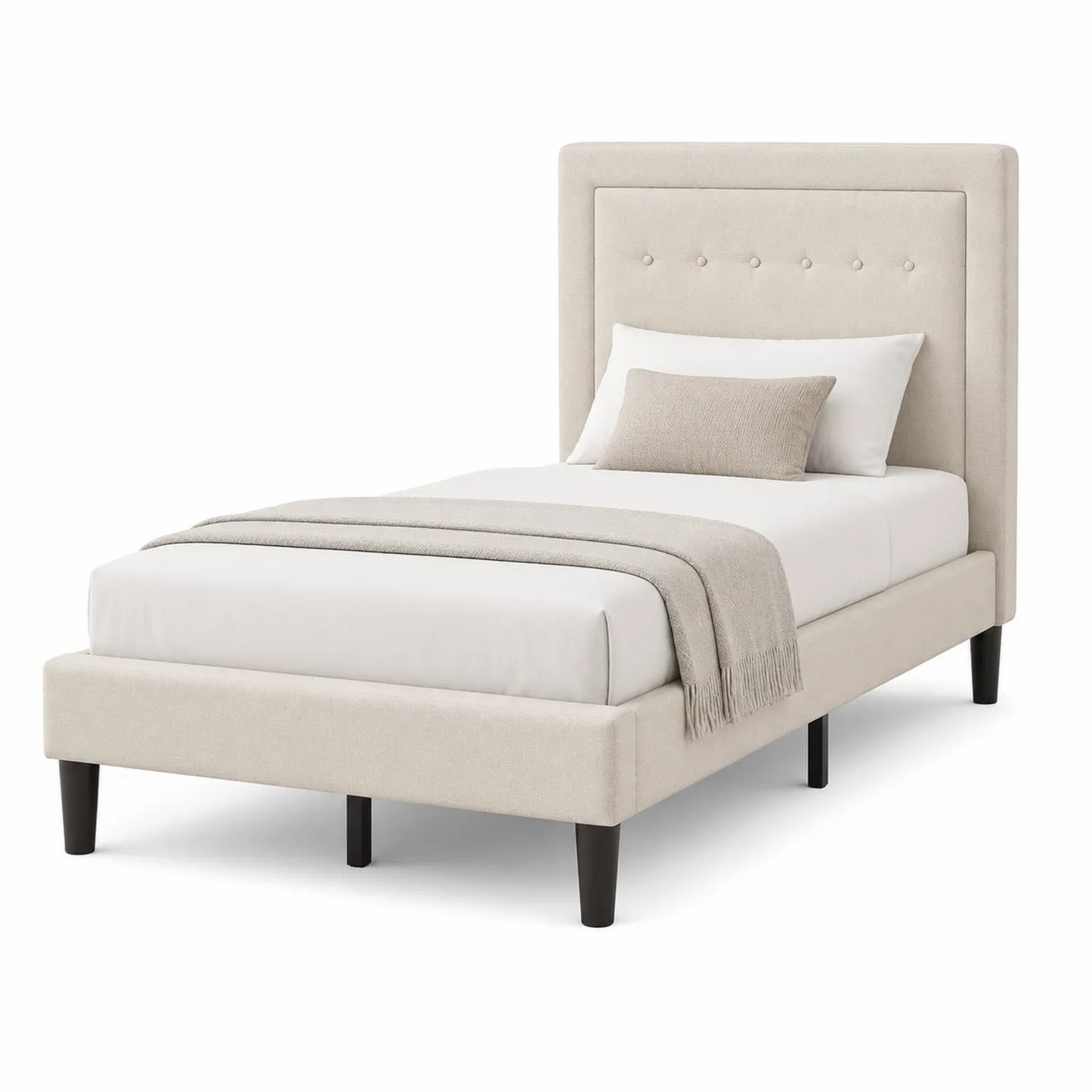 Lit simple en tissu beige avec tête de lit matelassée