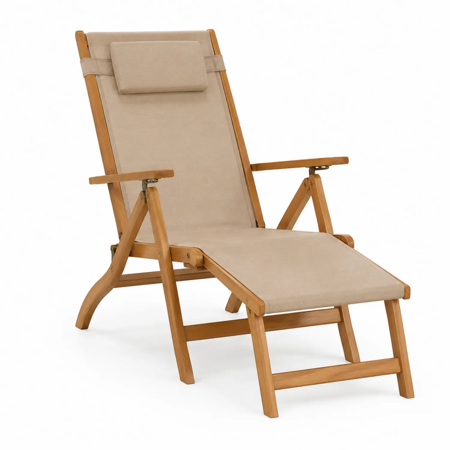 Chaise Longue Pliante Extérieure en Bois et Polyester Beige