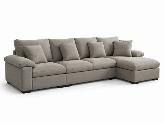 Canapé d'angle en tissu gris avec méridienne et coussins