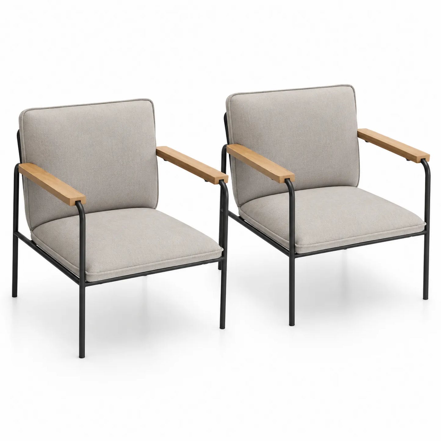 Lot de 2 fauteuils en métal avec accoudoirs en bois et coussins en tissu beige
