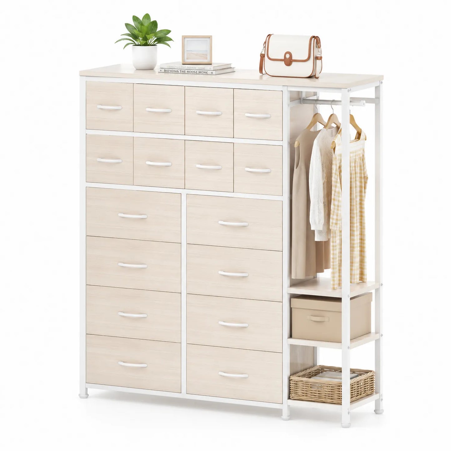 Armoire en métal et bois clair avec 12 tiroirs et penderie