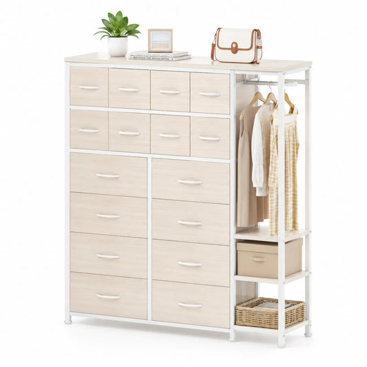 Armoire en métal et bois clair avec 12 tiroirs et penderie