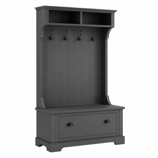 Portemanteau en bois MDF gris avec tiroir et étagères