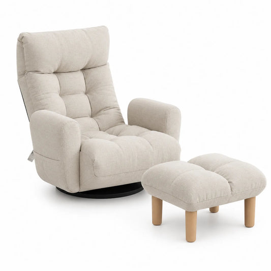 Fauteuil pivotant en tissu polyester beige avec repose-pieds