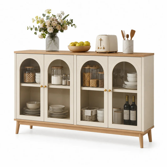 Buffet de cuisine en bois avec portes vitrées et étagères