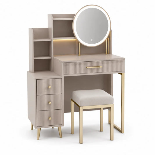 Coiffeuse en Bois MDF avec Miroir LED et Tabouret Beige