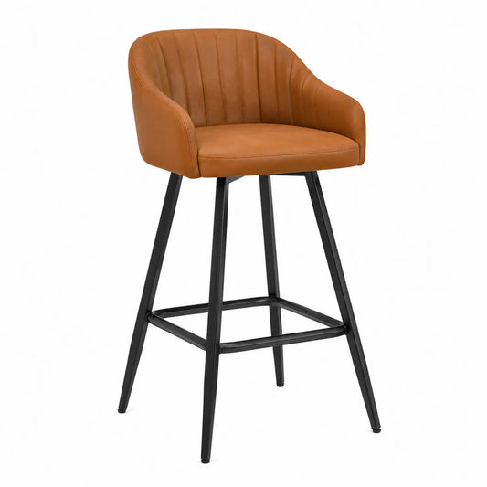 Tabouret de bar en cuir synthétique marron avec cadre en métal noir