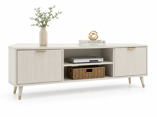 Meuble TV en Bois MDF Blanc avec Portes et Étagères
