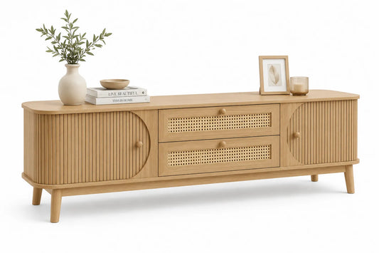 Meuble TV en Bois avec Portes et Tiroirs en Rotin 150x40x50 cm
