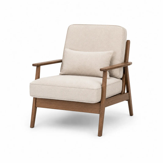 Fauteuil en Bois Massif Tissu Beige avec Coussin