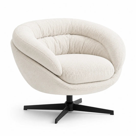 Fauteuil pivotant en tissu bouclé ivoire avec base en métal noir