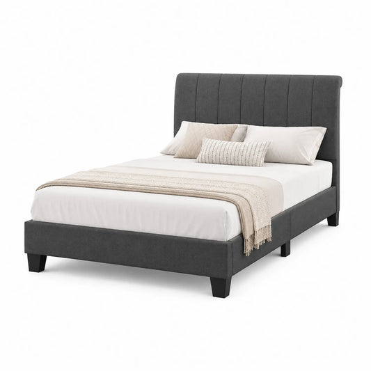 Lit double en bois et tissu gris 200x160 cm