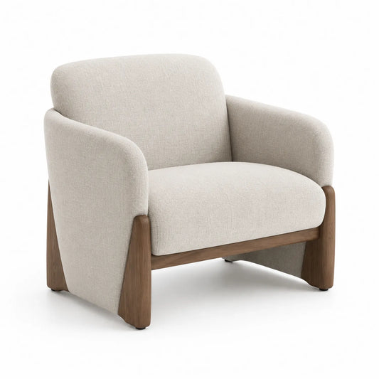 Fauteuil en tissu polyester beige avec structure en chêne