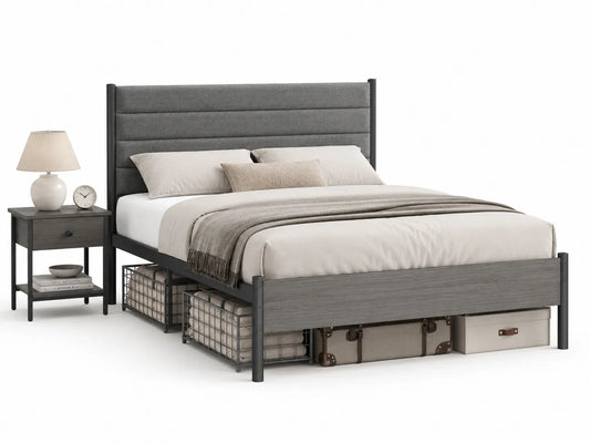 Lit double avec tête de lit en tissu gris et chevet assorti