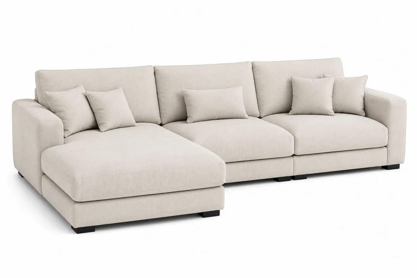 Canapé d'angle en tissu polyester beige avec méridienne et coussins 280x160x85 cm