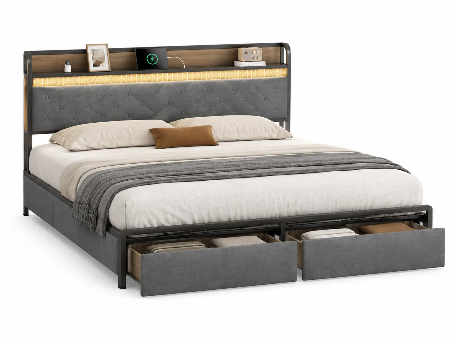 Lit en métal avec rangement et tissu gris 200x160 cm