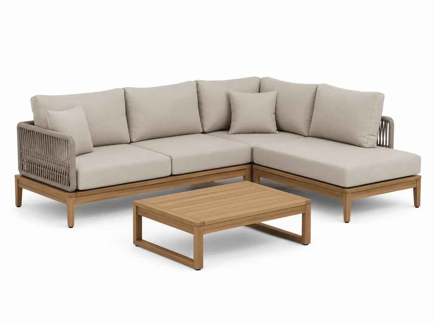 Ensemble de Canapé d'Angle en Bois d'Acacia et Corde Tressée Beige avec Table Basse